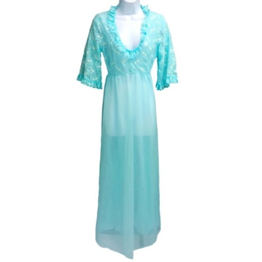Vintage Peignoir Womens Medium Lace Ruffled Bell Sleeve Aqua Blue Romantic